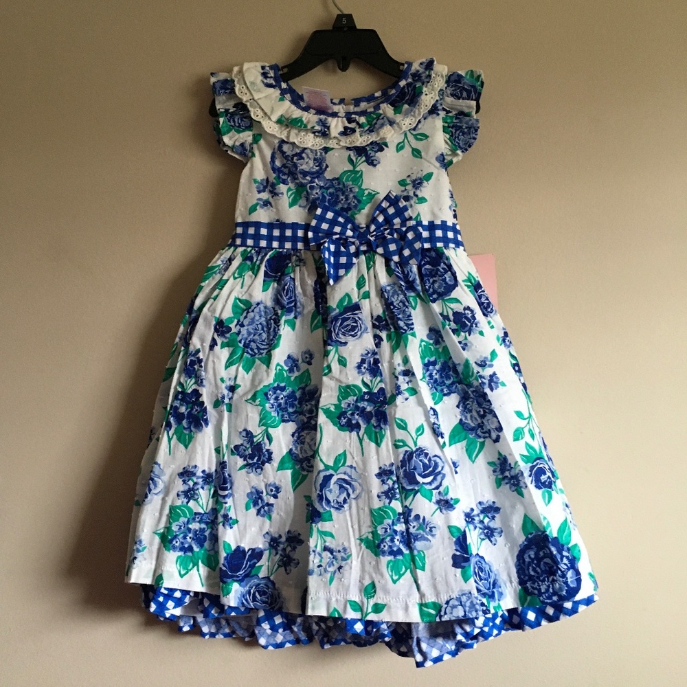 Nannette Girl Blue/White Floral Poly/Cotton Petticoat Flatter Sleeve Dress sz 5.